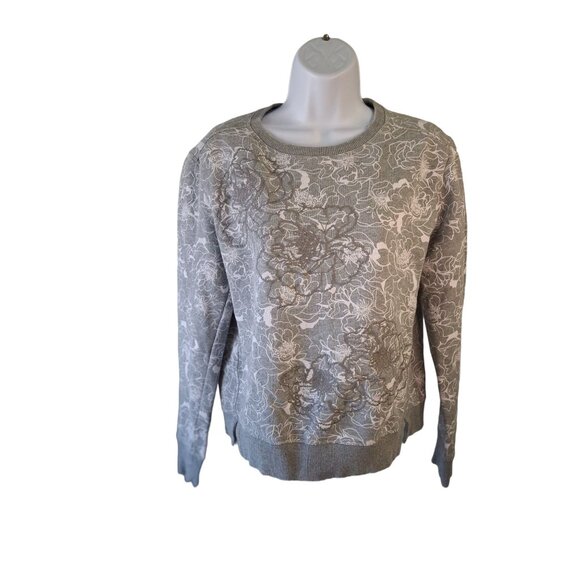 Banana Republic Crewneck Sweatshirt M  Gray Floral Casual Minimalist Cottagecore - Picture 1 of 8